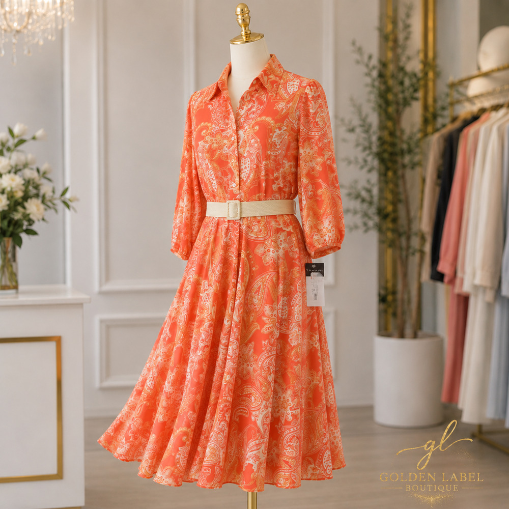 Tahari ASL Paisley Belted Fit & Flare Midi Dress Size 12 Coral Orange NWT - Picture 5 of 7